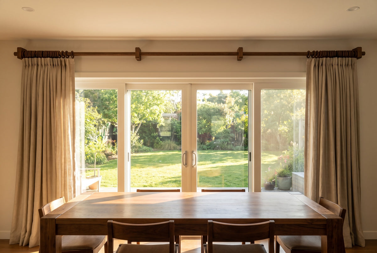 Ultra long dark brown oak curtain rod with four square brackets over sliding glass doors