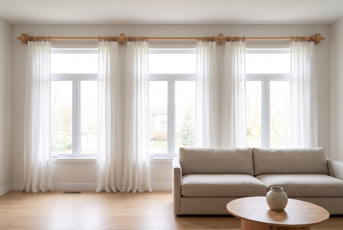 Ultra long natural oak curtain rod with four brackets across a wall of three windows