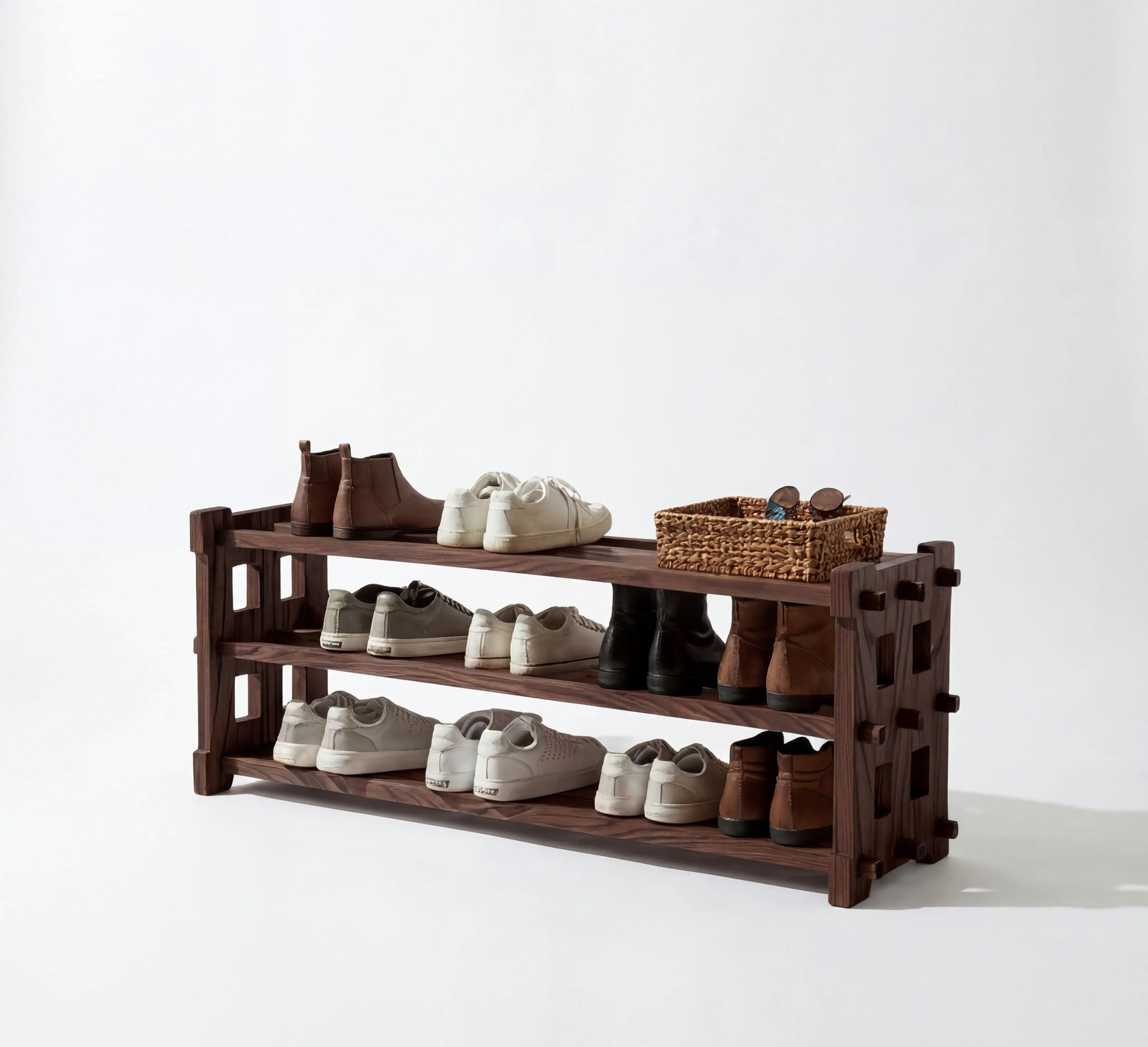 Wooden shoe rack with shoes on a white background