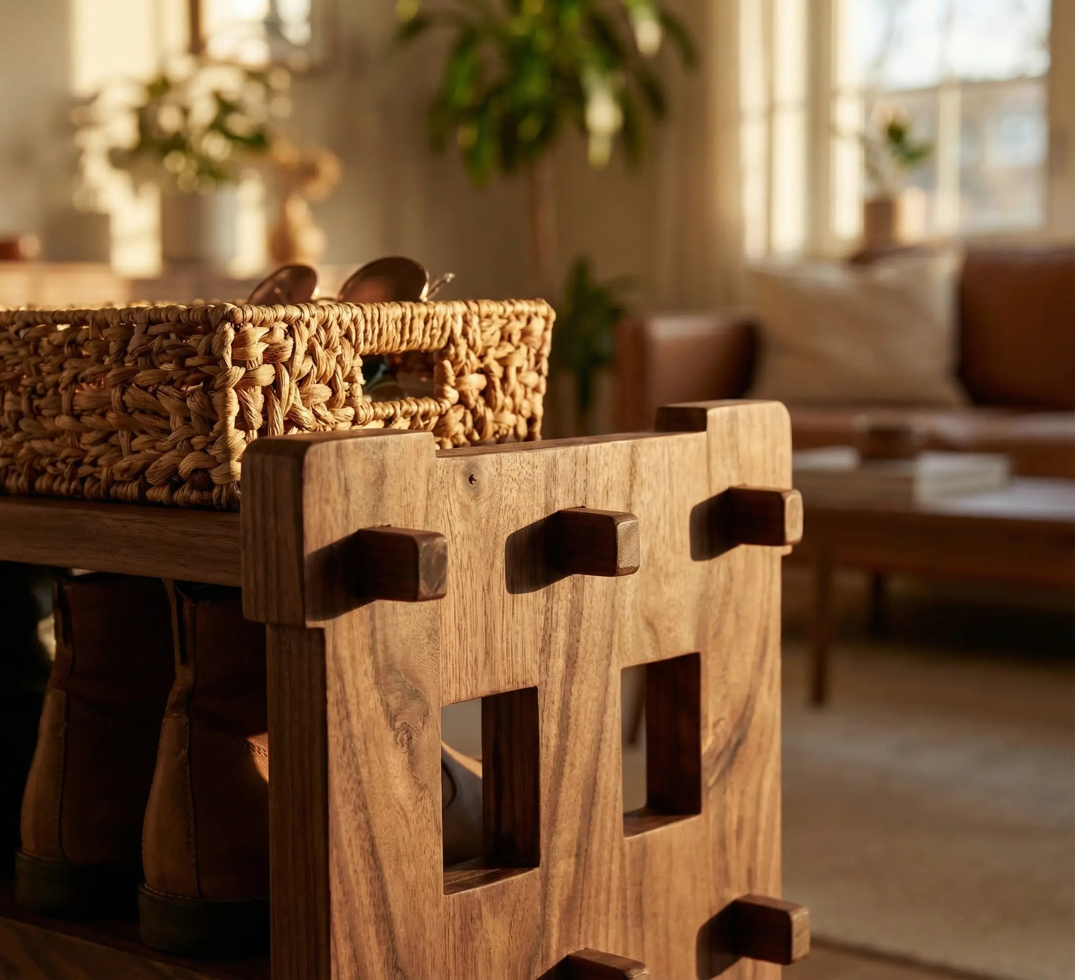 Wooden coffee table with woven basket in a living room setting