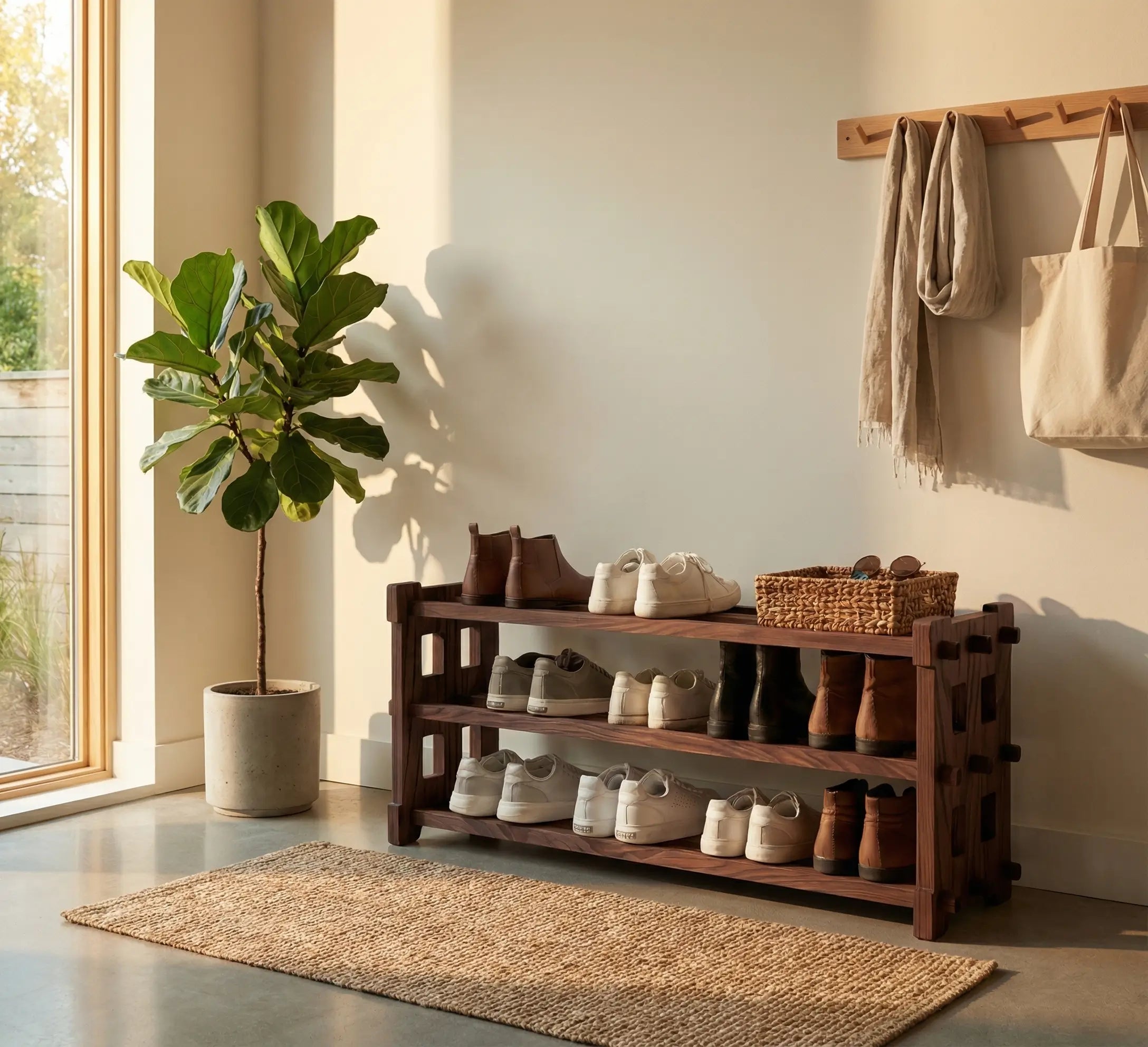 Wooden shoe rack with shoes, a plant, and a coat rack in a room with a window.
